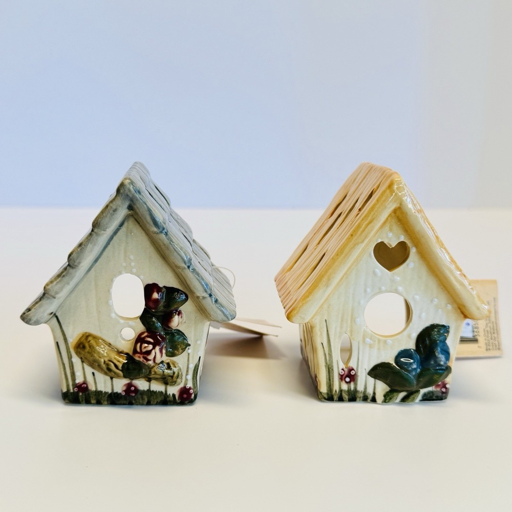 Crazy Mountain Ceramic Birdhouse Tea Light Candle Holders Set of 2 NWT‎